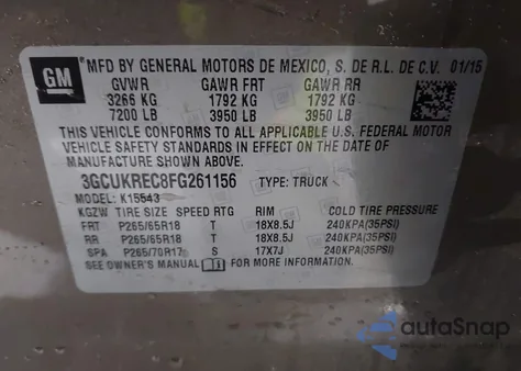 2015 Chevrolet Silverado 1500 2Lt из США, поврежденный, VIN 3GCUKREC8FG261156